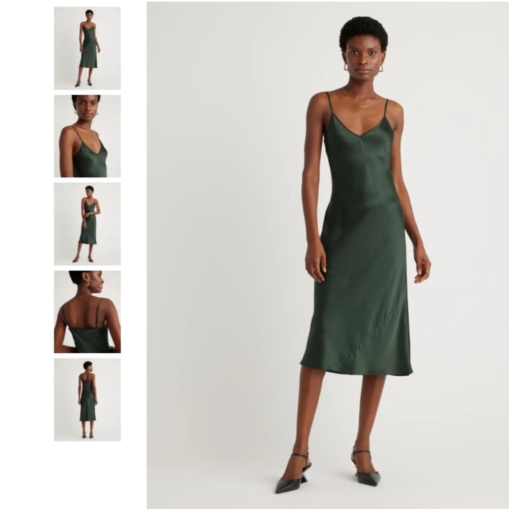 Quince Dark Green Satin Slip Midi Dress